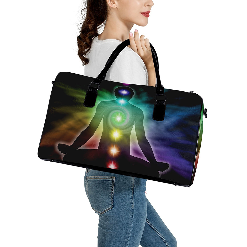 Colorful Chakras Aura Print Leather Duffle Bag