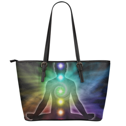Colorful Chakras Aura Print Leather Tote Bag