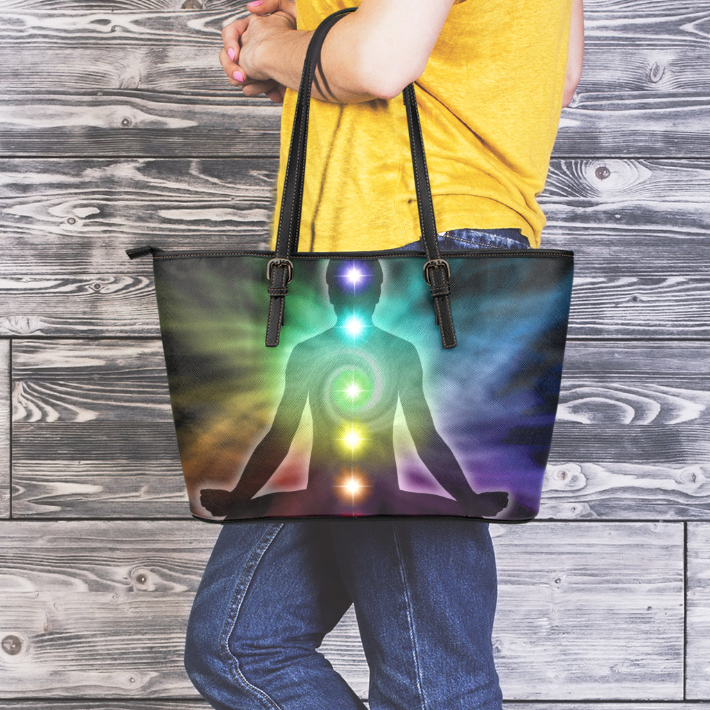 Colorful Chakras Aura Print Leather Tote Bag