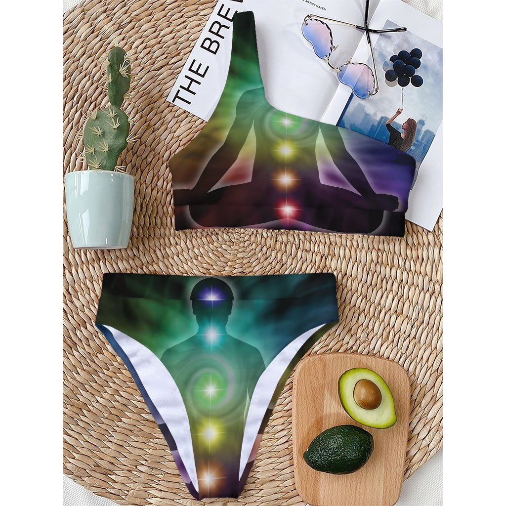 Colorful Chakras Aura Print One Shoulder Bikini Top