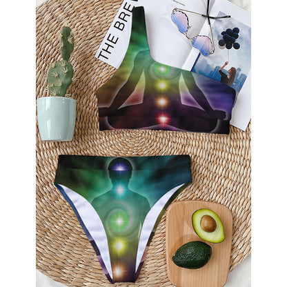 Colorful Chakras Aura Print One Shoulder Bikini Top