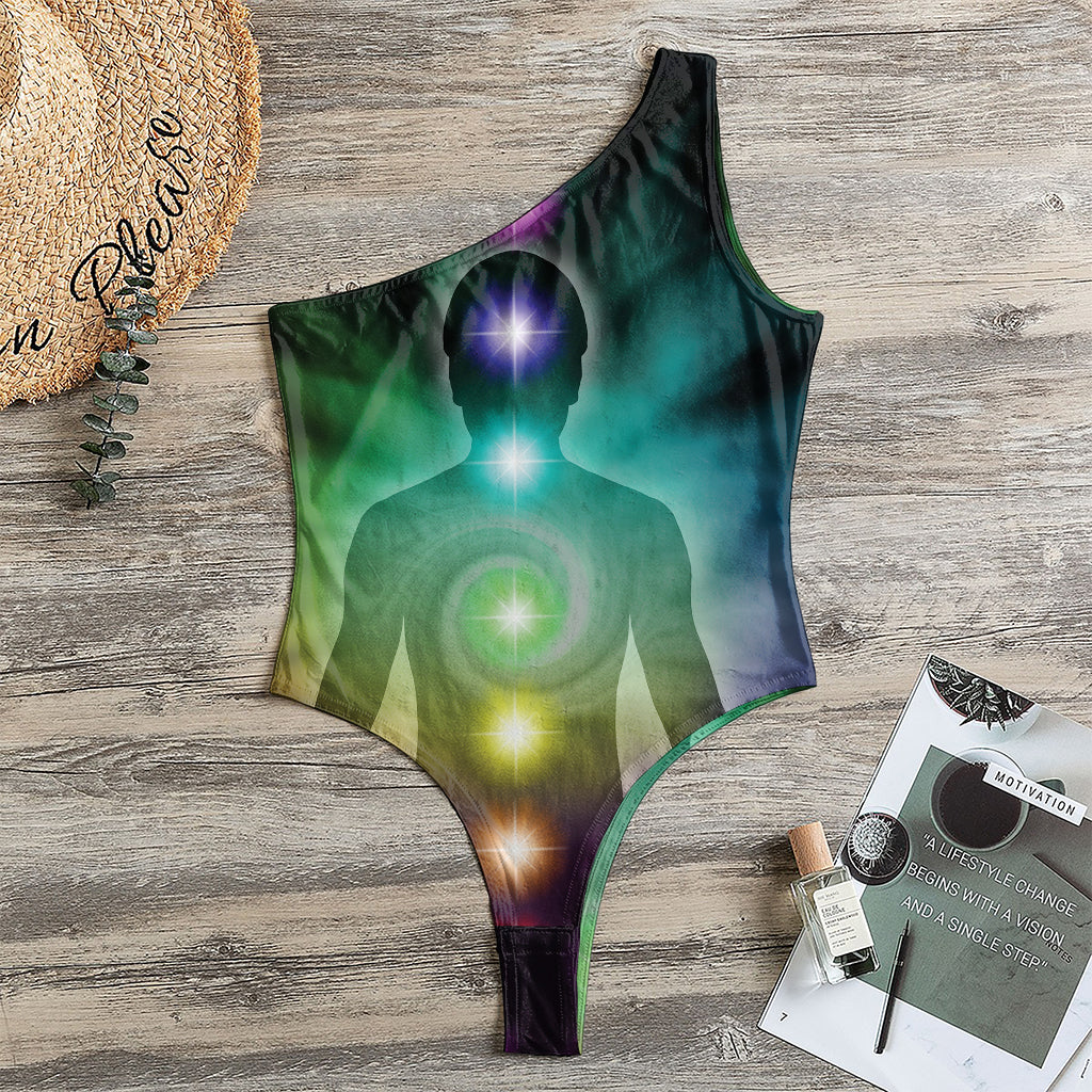 Colorful Chakras Aura Print One Shoulder Bodysuit