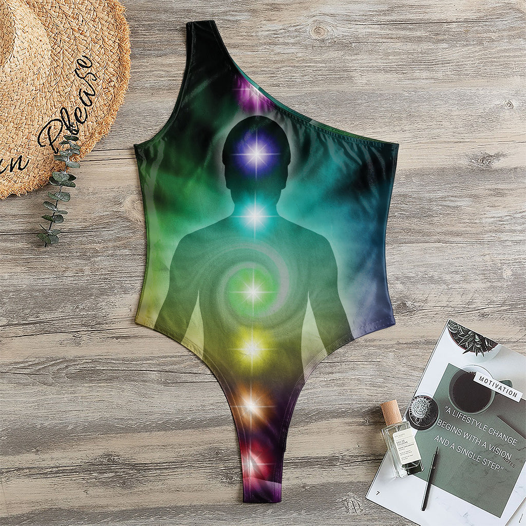 Colorful Chakras Aura Print One Shoulder Bodysuit