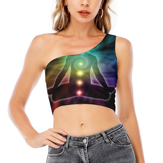 Colorful Chakras Aura Print One Shoulder Crop Top