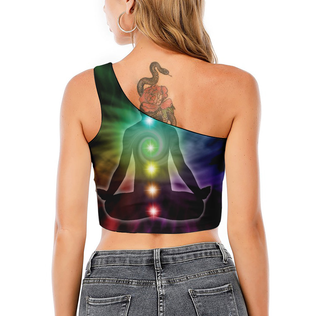 Colorful Chakras Aura Print One Shoulder Crop Top