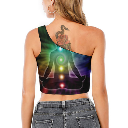 Colorful Chakras Aura Print One Shoulder Crop Top