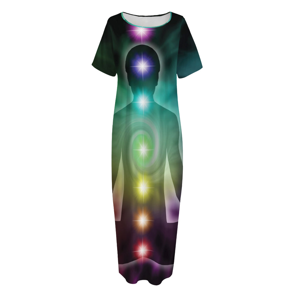 Colorful Chakras Aura Print Short Sleeve Long Nightdress