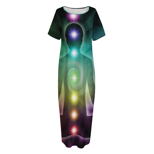 Colorful Chakras Aura Print Short Sleeve Long Nightdress