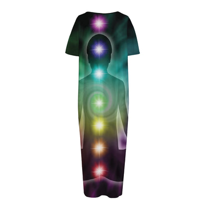 Colorful Chakras Aura Print Short Sleeve Long Nightdress