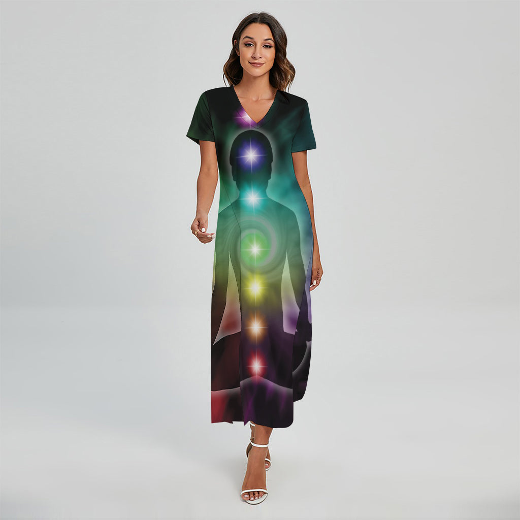 Colorful Chakras Aura Print Short Sleeve Maxi Dress