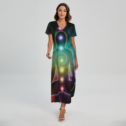 Colorful Chakras Aura Print Short Sleeve Maxi Dress