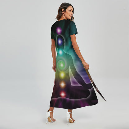 Colorful Chakras Aura Print Short Sleeve Maxi Dress