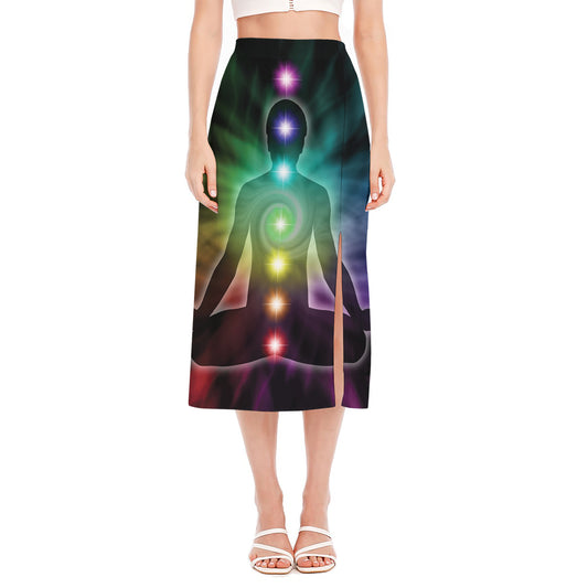 Colorful Chakras Aura Print Side Slit Midi Skirt