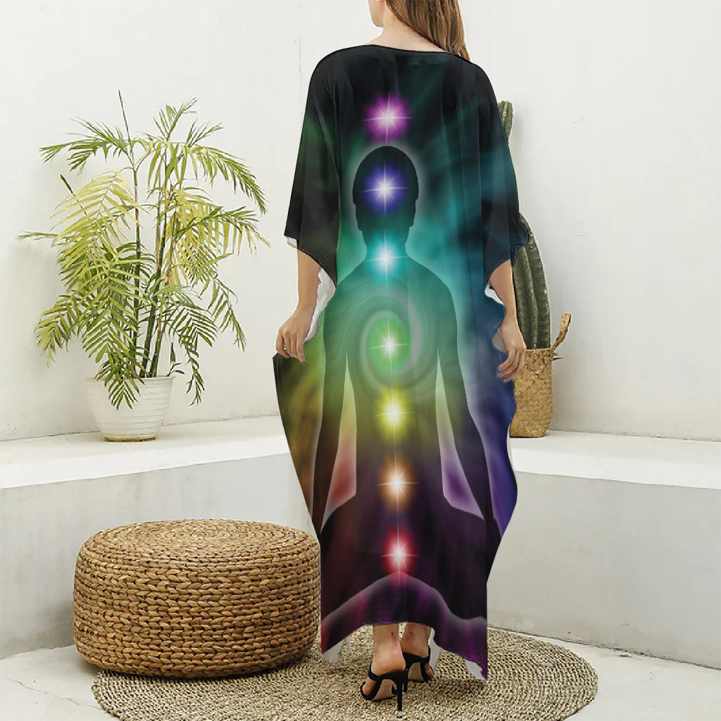 Colorful Chakras Aura Print Silk V-Neck Kaftan Dress