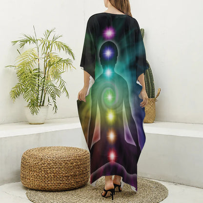 Colorful Chakras Aura Print Silk V-Neck Kaftan Dress