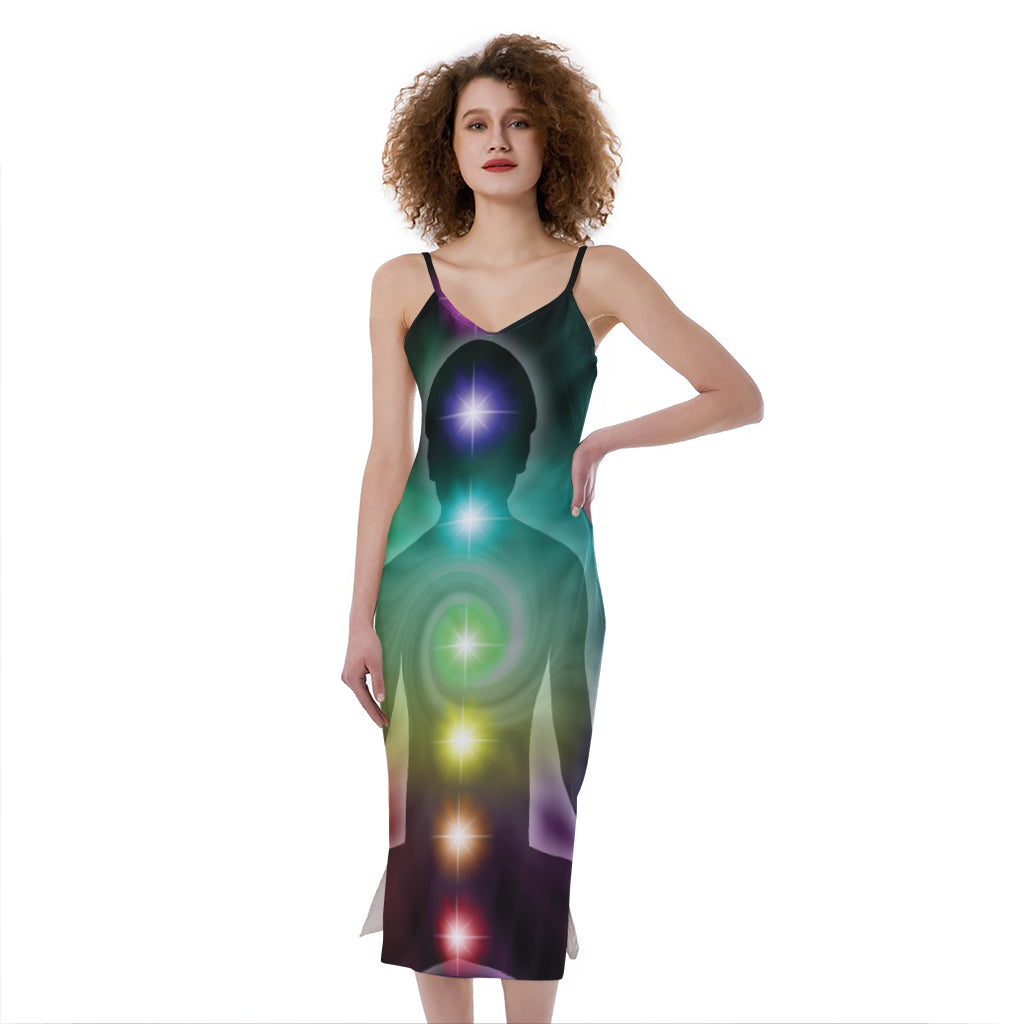 Colorful Chakras Aura Print Slim Fit Midi Cami Dress