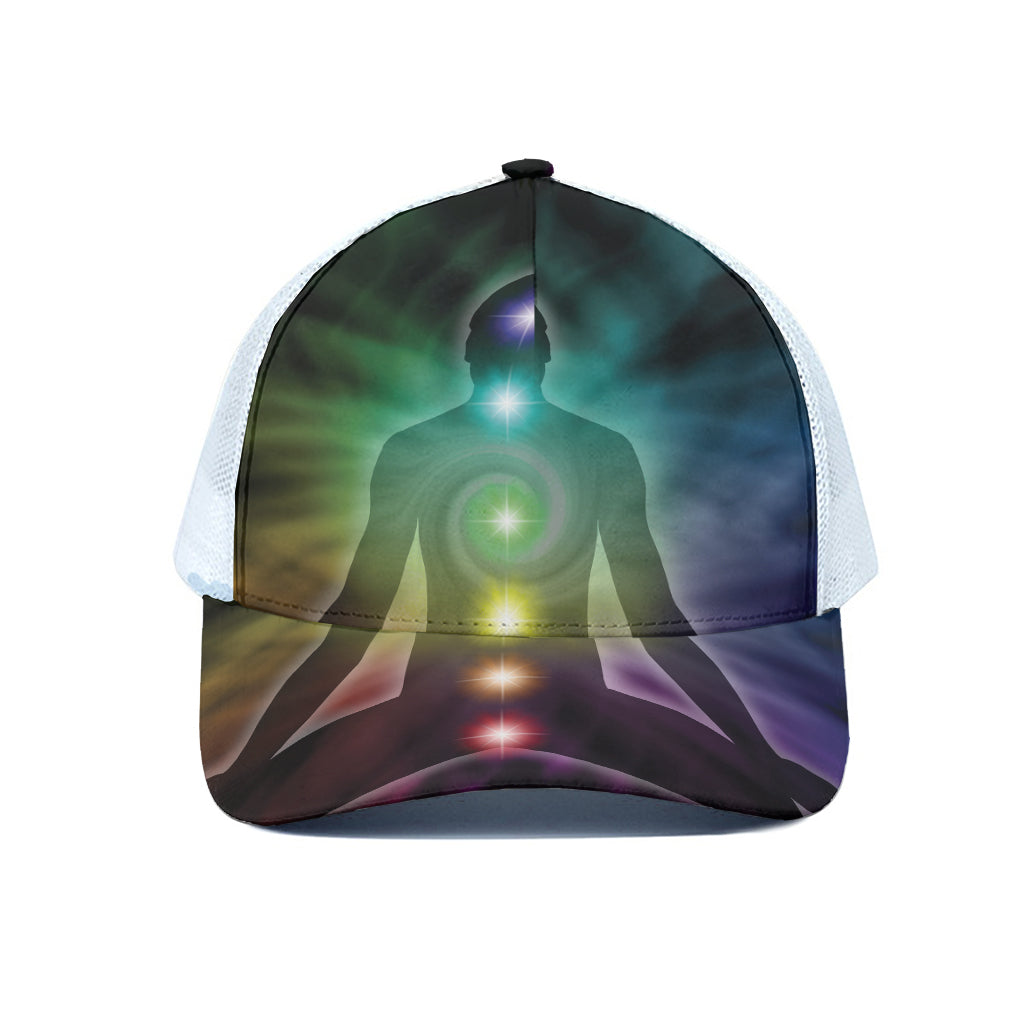 Colorful Chakras Aura Print White Mesh Trucker Cap
