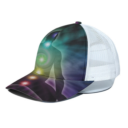 Colorful Chakras Aura Print White Mesh Trucker Cap