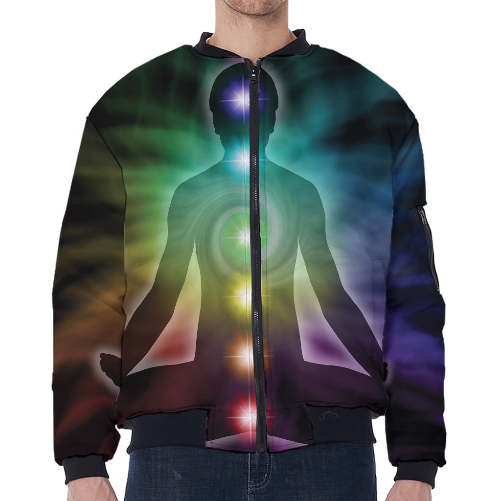 Colorful Chakras Aura Print Zip Sleeve Bomber Jacket