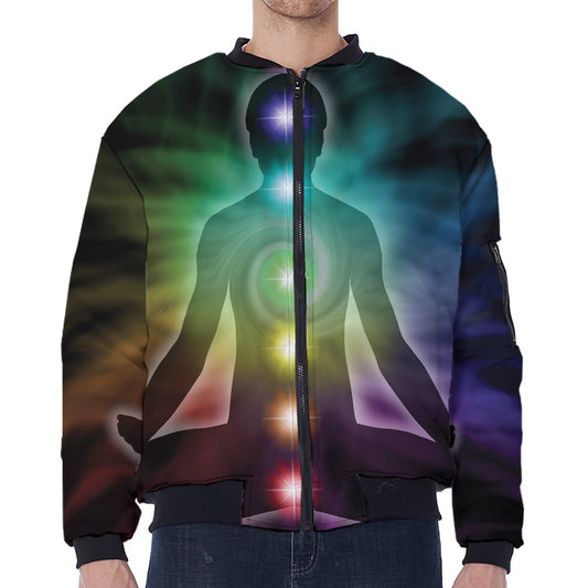 Colorful Chakras Aura Print Zip Sleeve Bomber Jacket