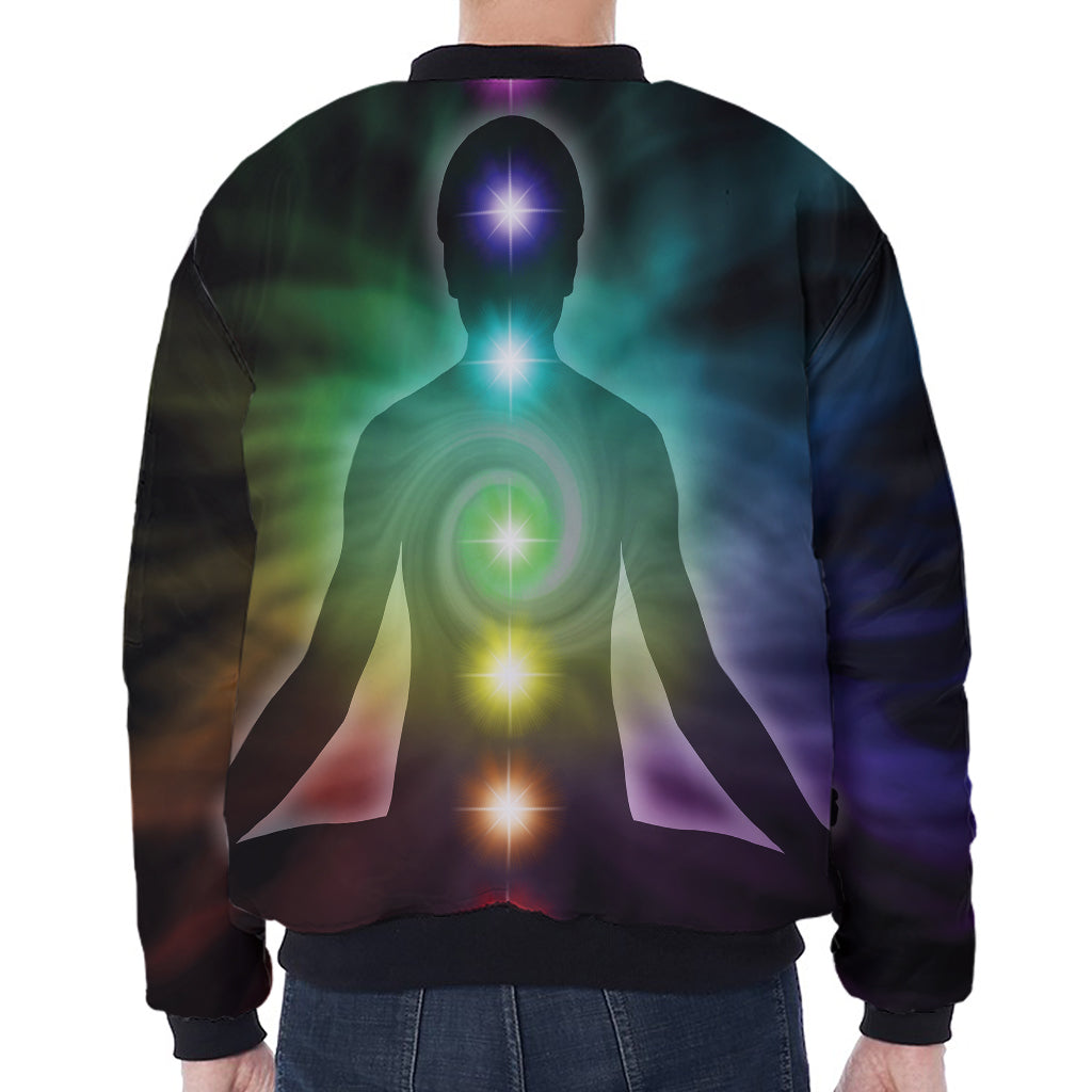 Colorful Chakras Aura Print Zip Sleeve Bomber Jacket