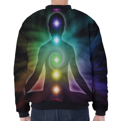 Colorful Chakras Aura Print Zip Sleeve Bomber Jacket