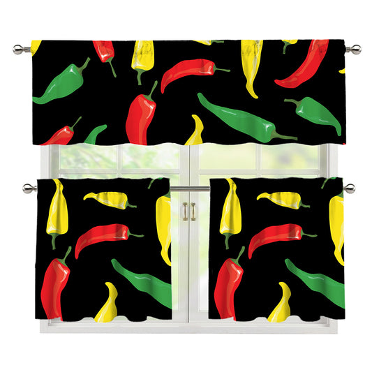Colorful Chili Peppers Pattern Print 3 Piece Kitchen Curtains