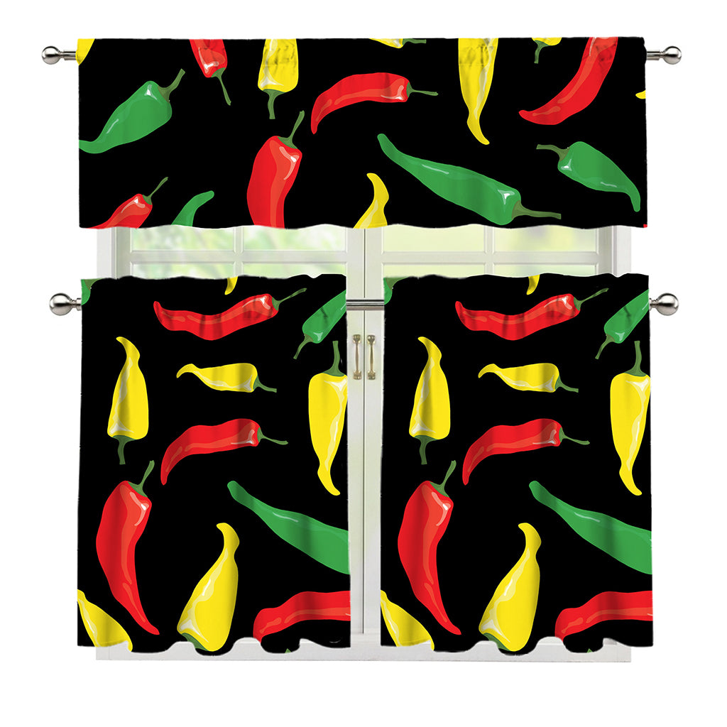 Colorful Chili Peppers Pattern Print 3 Piece Kitchen Curtains