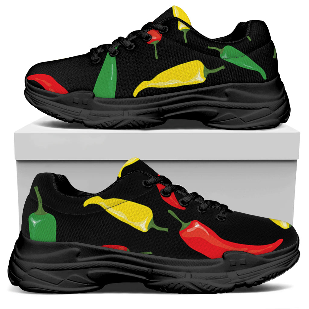 Colorful Chili Peppers Pattern Print Black Chunky Shoes