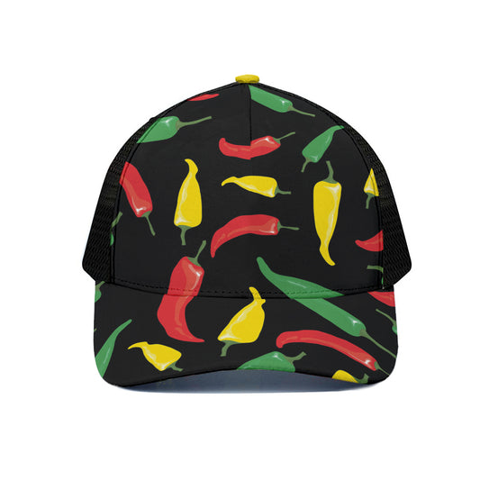 Colorful Chili Peppers Pattern Print Black Mesh Trucker Cap