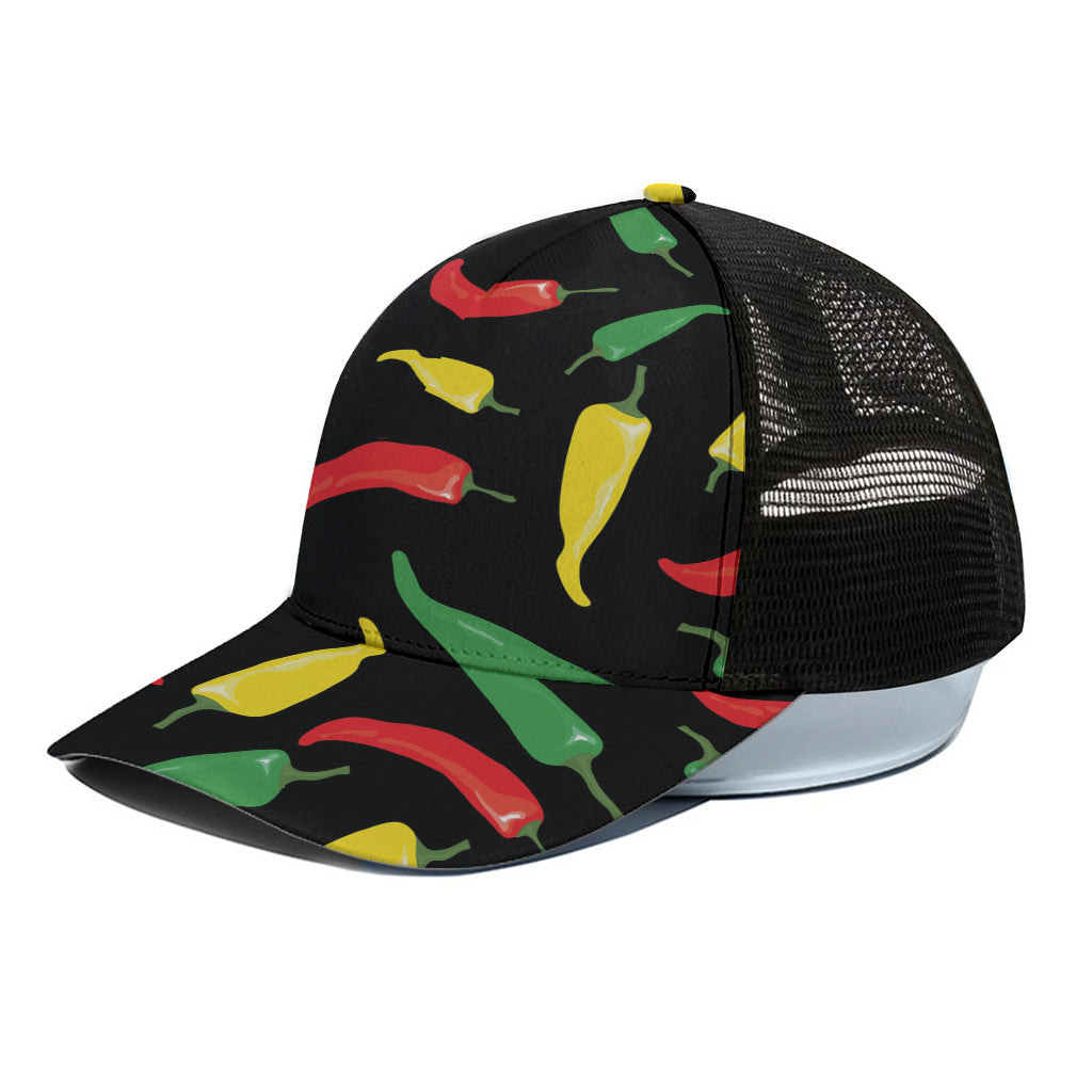 Colorful Chili Peppers Pattern Print Black Mesh Trucker Cap
