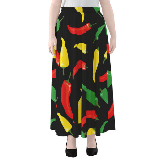 Colorful Chili Peppers Pattern Print Chiffon Maxi Skirt