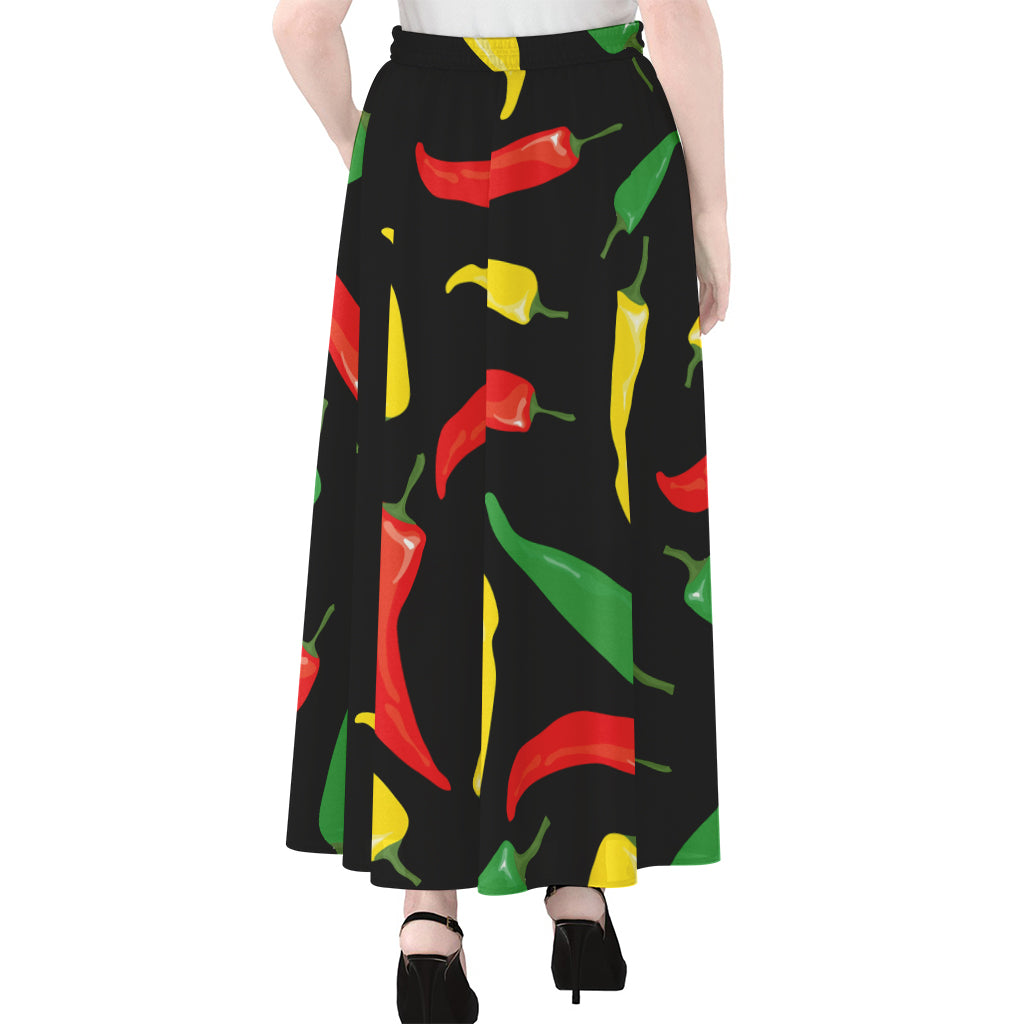 Colorful Chili Peppers Pattern Print Chiffon Maxi Skirt
