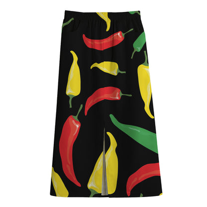 Colorful Chili Peppers Pattern Print Cotton Front Slit Maxi Skirt