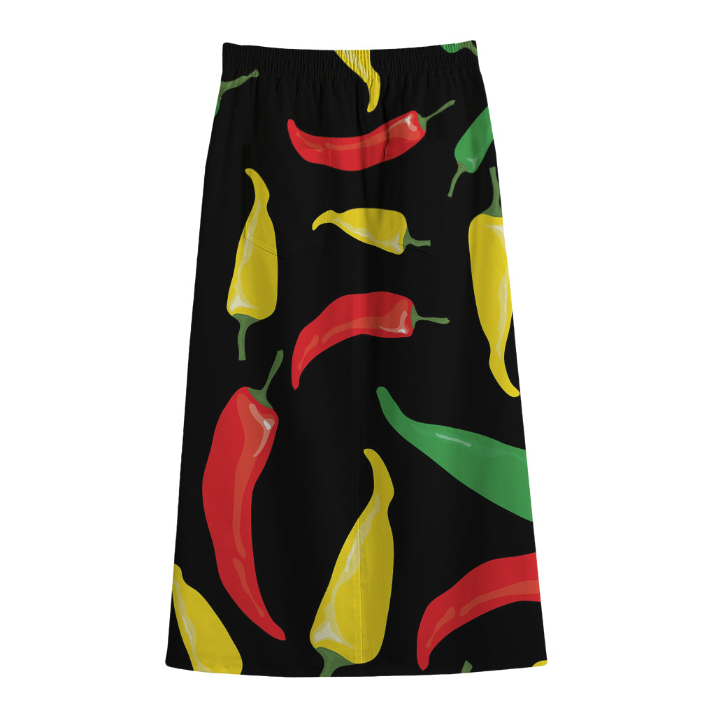 Colorful Chili Peppers Pattern Print Cotton Front Slit Maxi Skirt