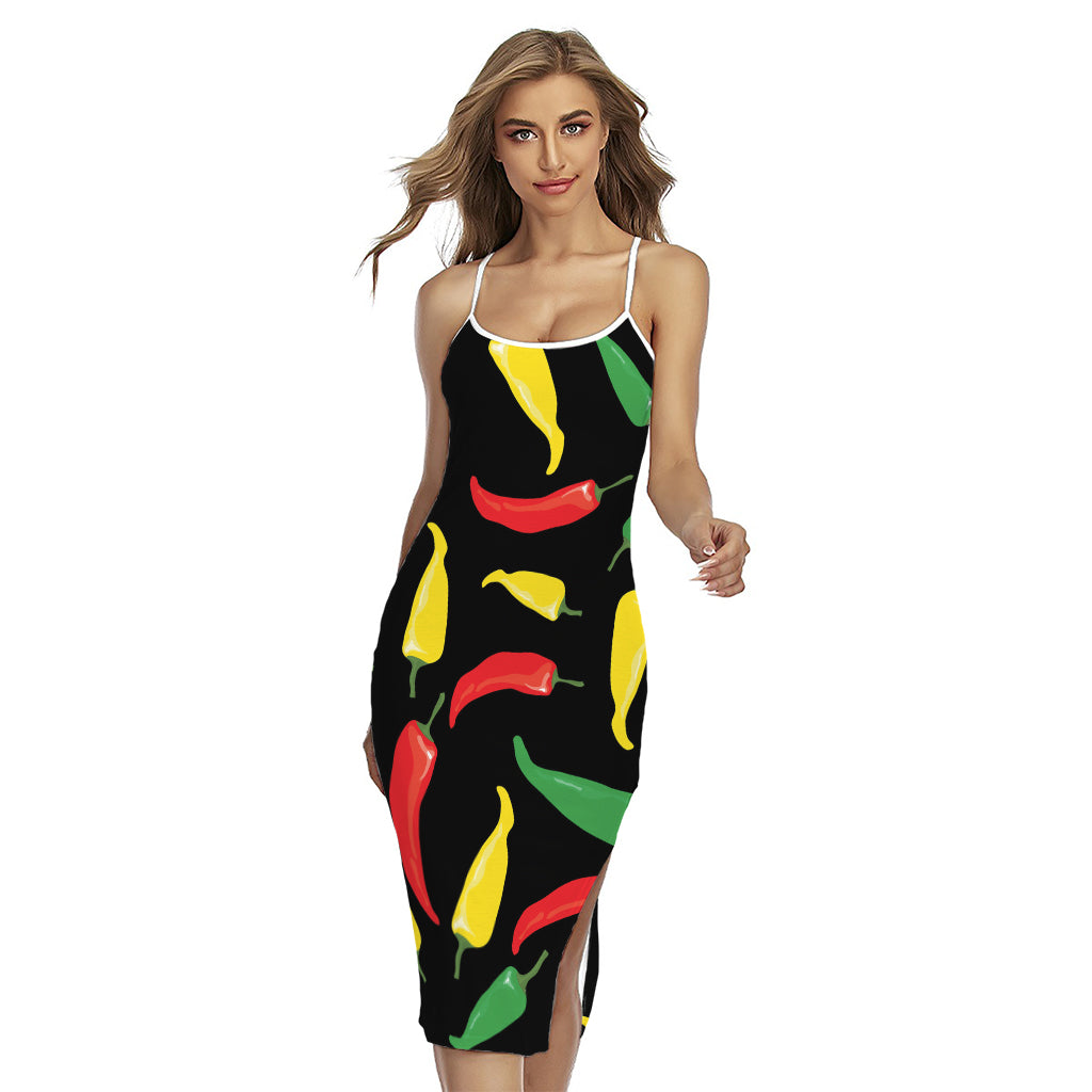 Colorful Chili Peppers Pattern Print Cross Back Cami Dress