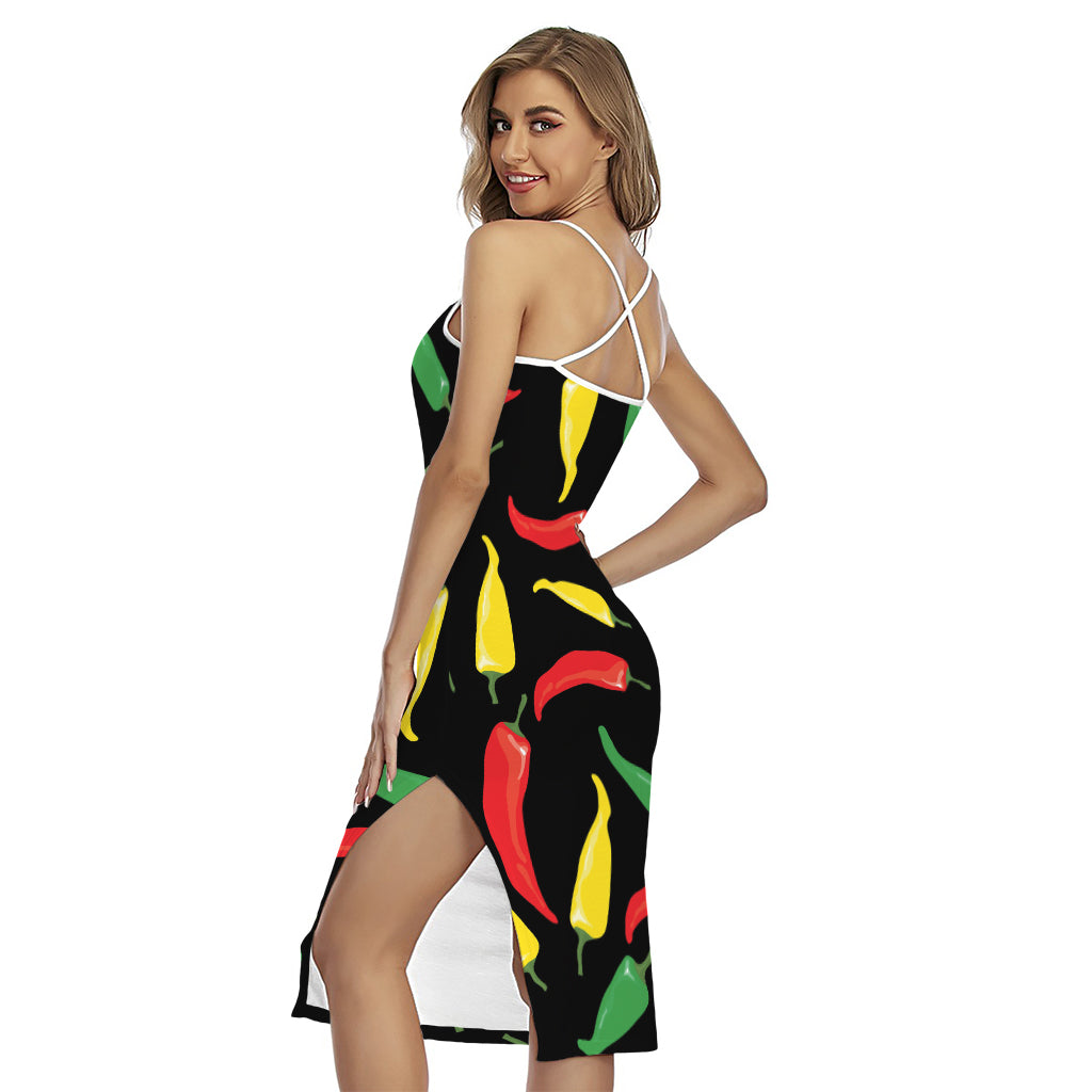 Colorful Chili Peppers Pattern Print Cross Back Cami Dress