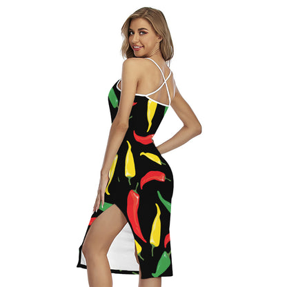 Colorful Chili Peppers Pattern Print Cross Back Cami Dress