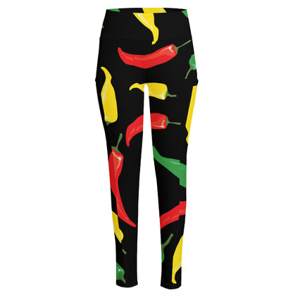 Colorful Chili Peppers Pattern Print High-Waisted Pocket Leggings