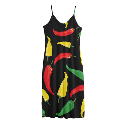 Colorful Chili Peppers Pattern Print Jersey Midi Cami Dress