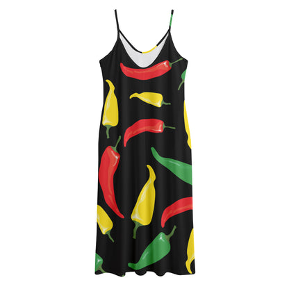 Colorful Chili Peppers Pattern Print Jersey Midi Cami Dress