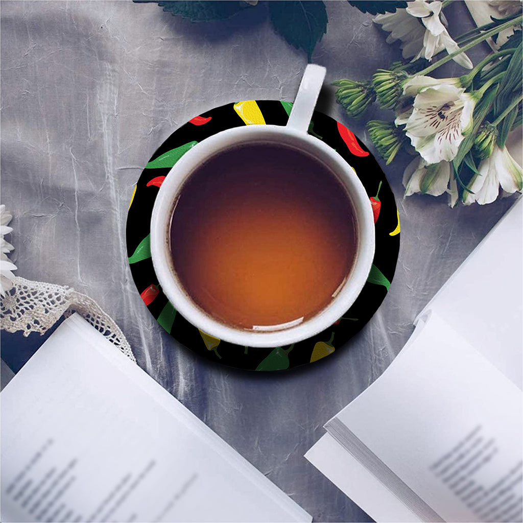 Colorful Chili Peppers Pattern Print Leather Coaster Set