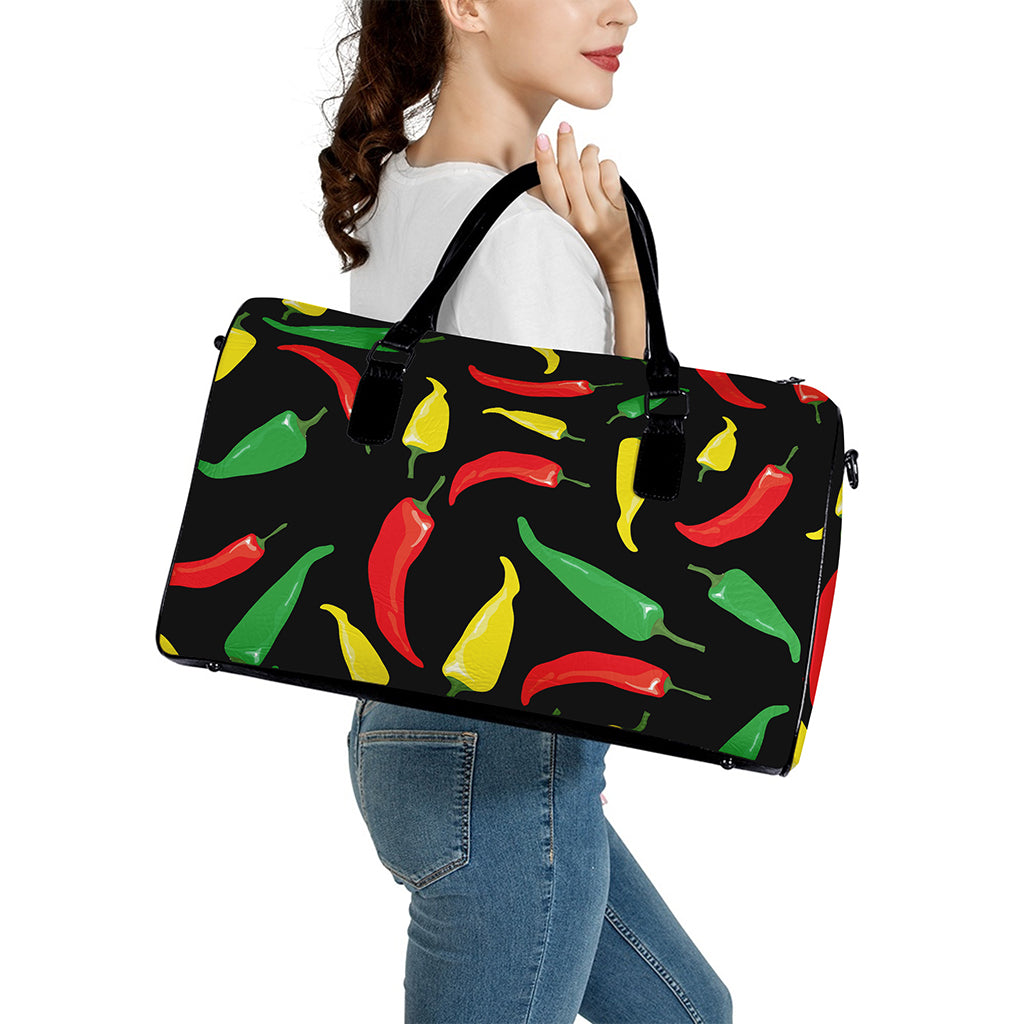 Colorful Chili Peppers Pattern Print Leather Duffle Bag