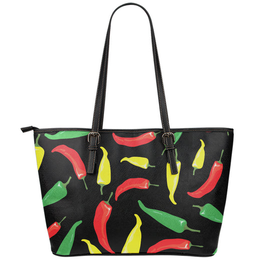 Colorful Chili Peppers Pattern Print Leather Tote Bag