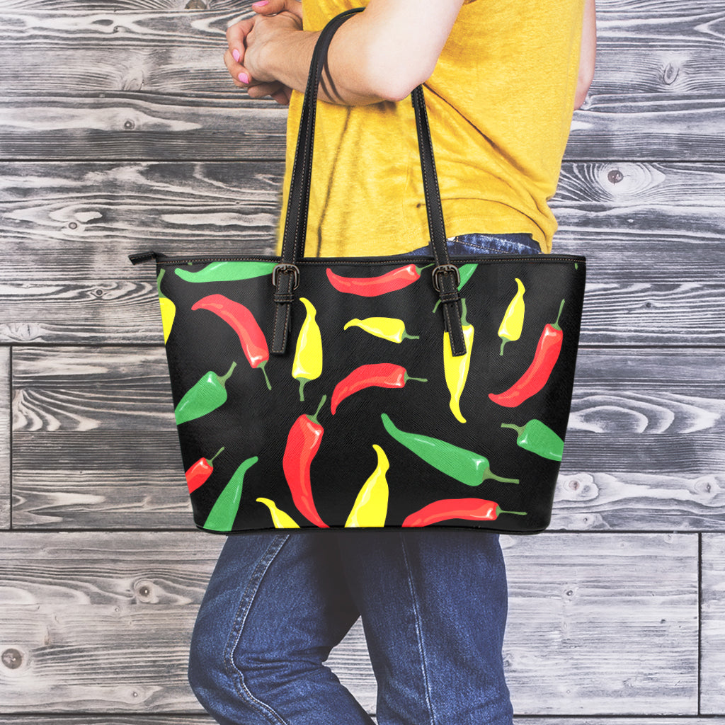Colorful Chili Peppers Pattern Print Leather Tote Bag