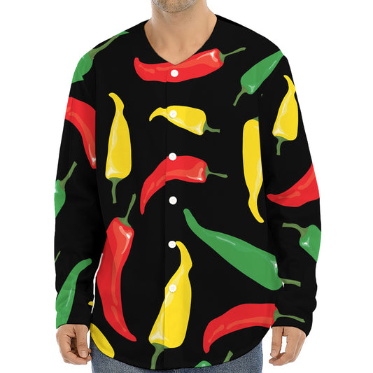 Colorful Chili Peppers Pattern Print Long Sleeve Baseball Jersey