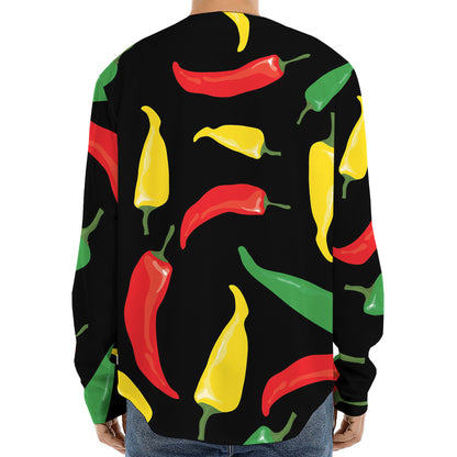 Colorful Chili Peppers Pattern Print Long Sleeve Baseball Jersey