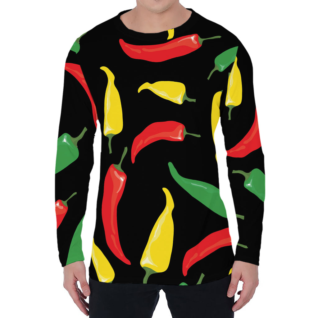 Colorful Chili Peppers Pattern Print Men's Long Sleeve T-Shirt
