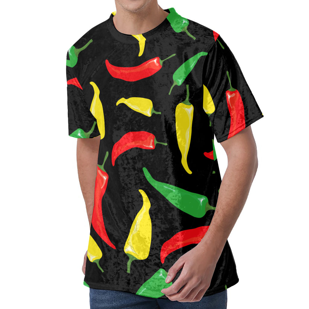 Colorful Chili Peppers Pattern Print Men's Velvet T-Shirt
