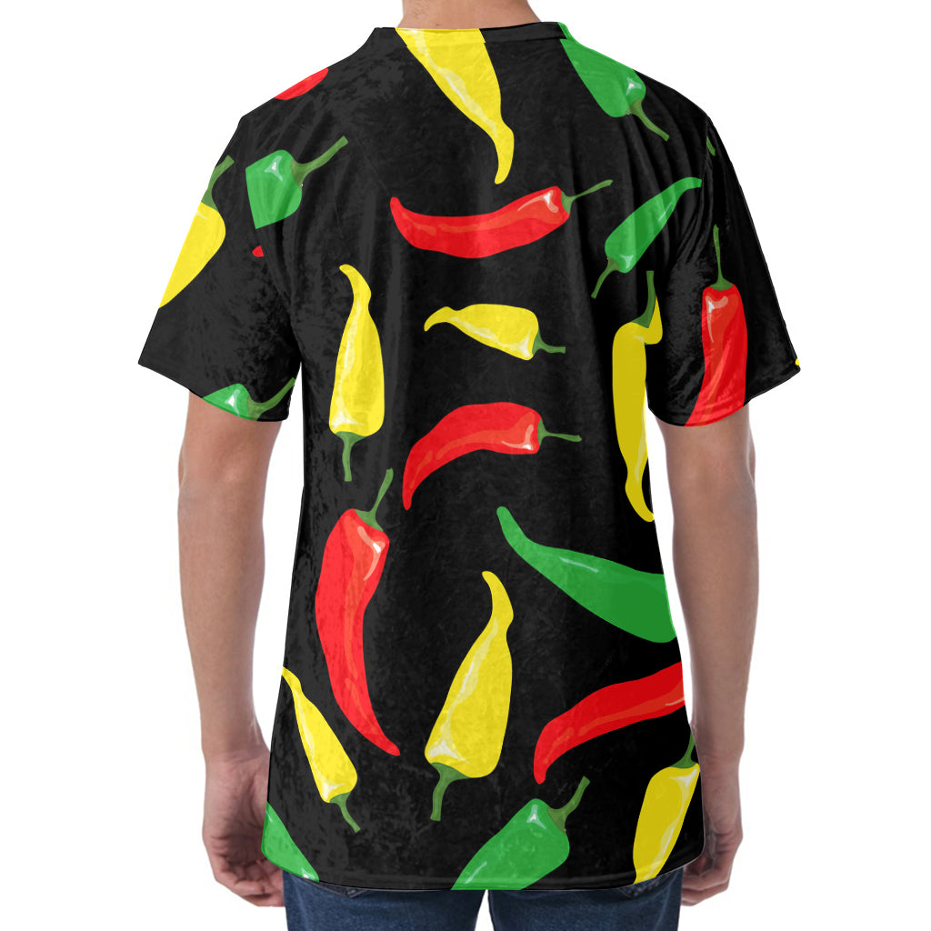 Colorful Chili Peppers Pattern Print Men's Velvet T-Shirt